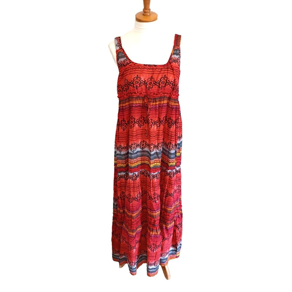 JANE ASHLEY Orange Empire Waist Tiered Floral Boho Maxi Sundress Size Large